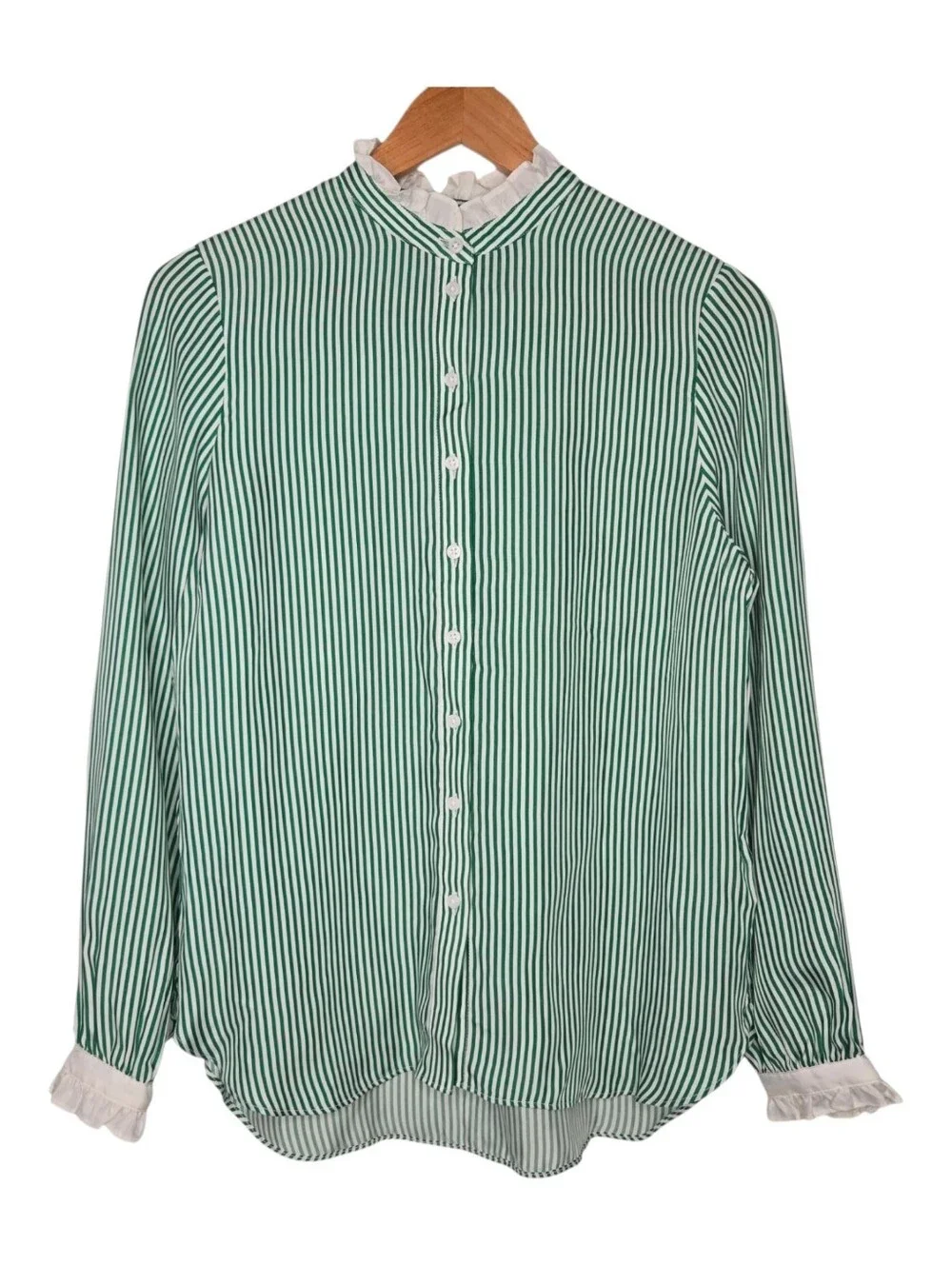 J Crew Womens Kelly Green Striped Cupro Blend Ruffle Trim Button Up Shirt Small